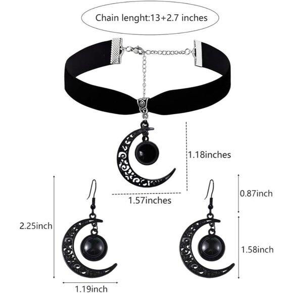 Gothic Moon Jewelry Set Black Velvet Necklace Earrings Costume Accessory - Picture 2 of 7